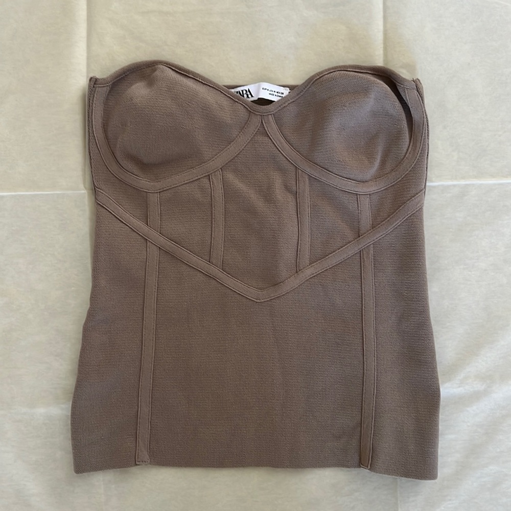 Zara Taupe Brown Corset Strapless Top